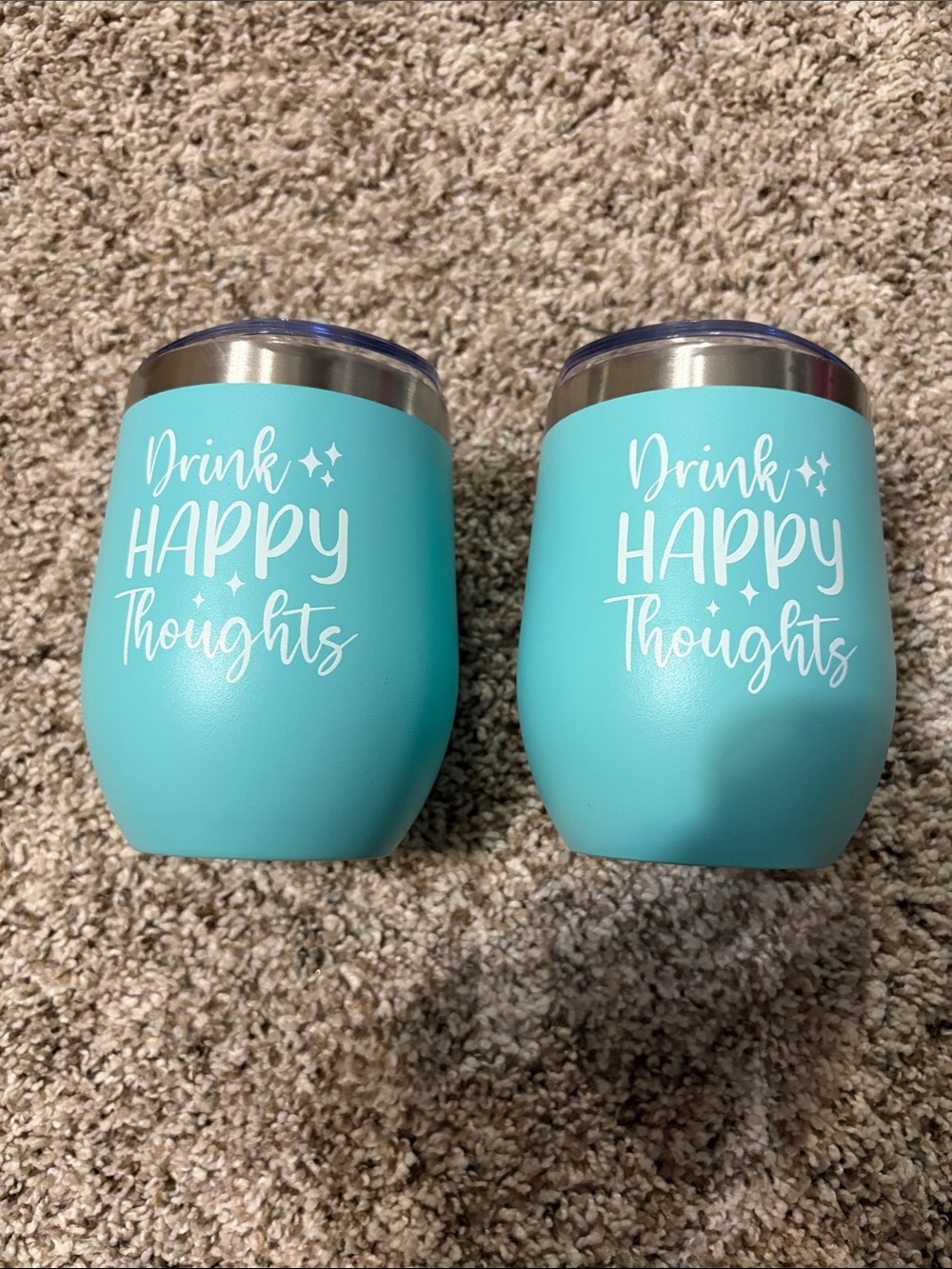 Set of 2 Aqua Insulated Stemless Wine Tumblers - Drink Happy Thoughts